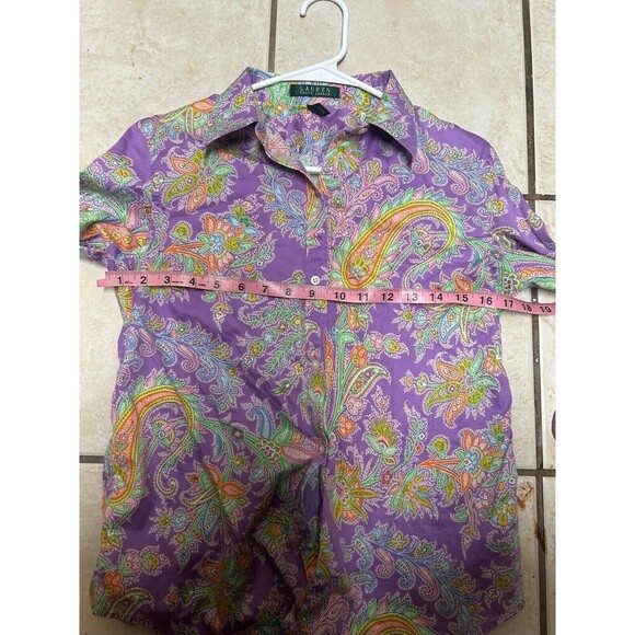 Lauren Ralph Lauren Purple Paisley Print 3/4 Sleeve Cotton Button Up Shirt M - Picture 4 of 5